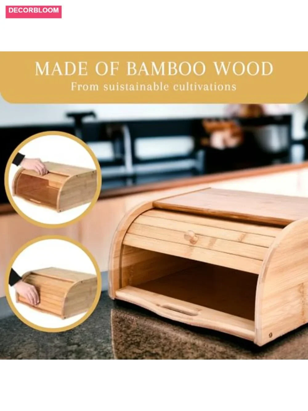 Bamboo Bread Box with Roll-Top Vintage Style Breadbox for Kitchen Counter